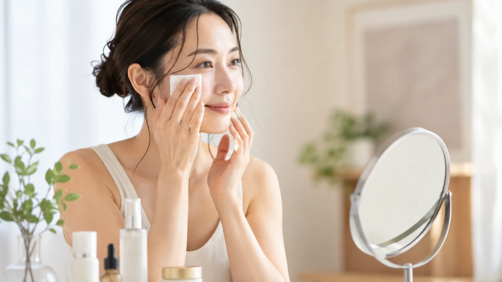 明るい鏡台でコットンを目元にあててケアする30代女性と卓上ミラー、スキンケア用品