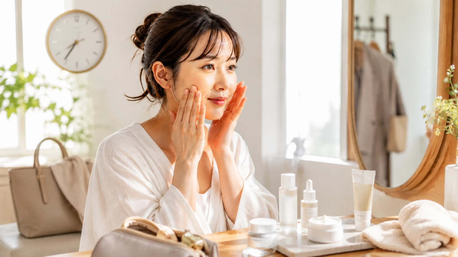 朝の時計と通勤バッグが見える明るい鏡台で、短時間のスキンケアをする30代女性