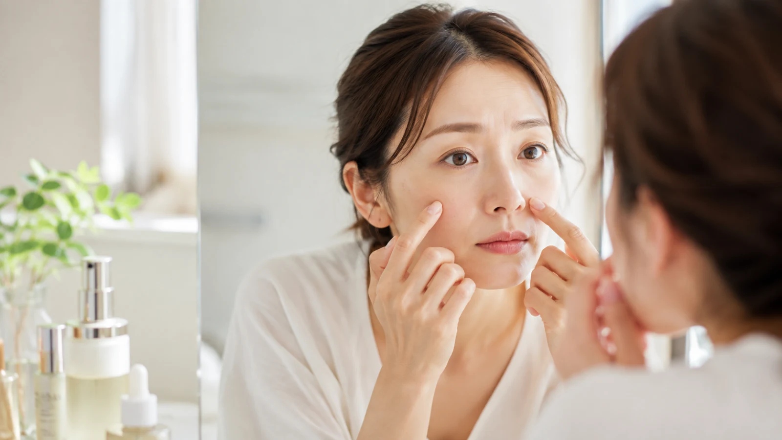 明るい鏡台で小鼻と頬の毛穴を確認する30代女性とスキンケア用品